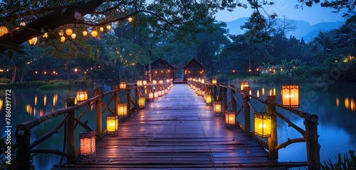 A wooden bridge crossing a tranquil river, adorned with colorful lanterns illuminating the night.