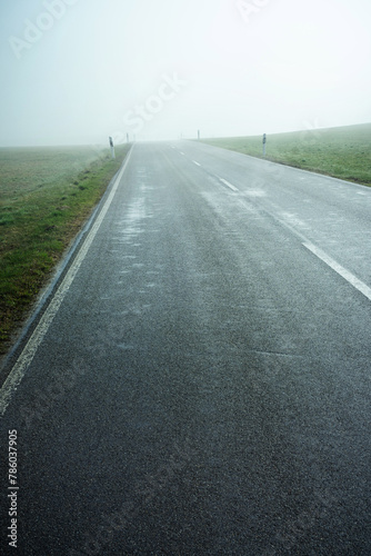 An asphalted country road leads through green meadows to the horizon in the bright morning mist.