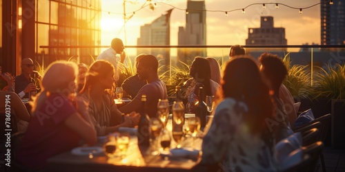 A group of people socializing at a rooftop party during sunset  with city buildings in the background and cozy lights