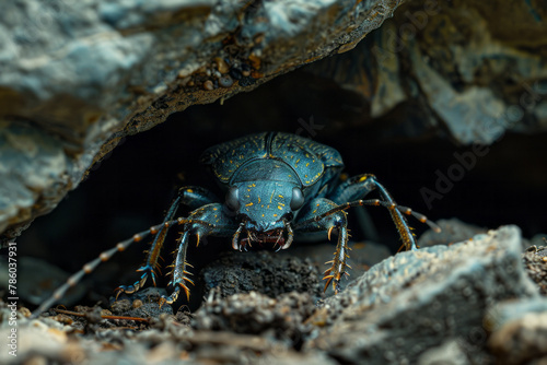 A photograph of a beetle predator, such as a ground beetle, emerging from under a rock with a captur photo