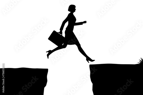 Businesswoman jumping Through The Gap Silhouette. Vector illustration