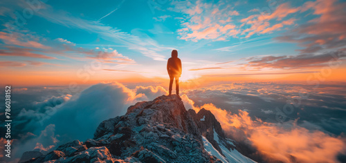 A person is standing on a mountain peak, looking out at the beautiful blue sky