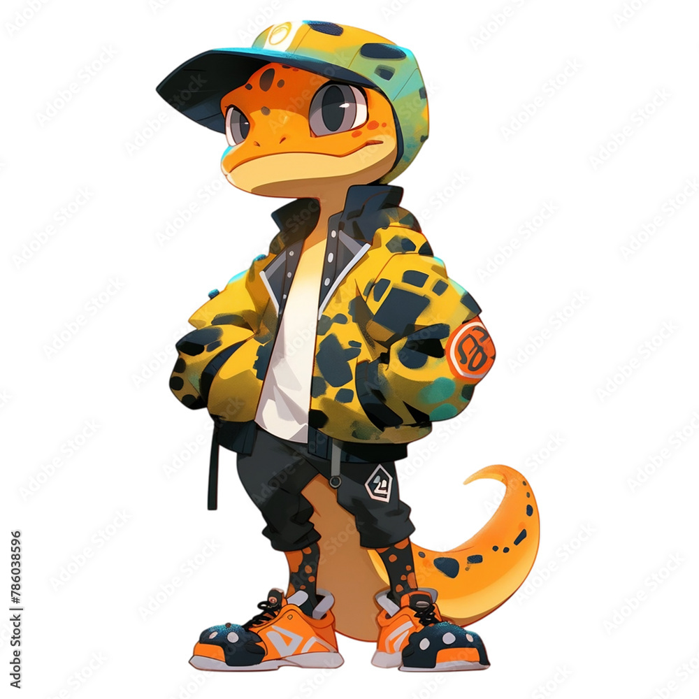Orange anthropomorphic gecko in a bomber jacket on transparent background. Funny animals and street style art concept. Comic lustration for kids, boys, sticker, banner, element for design Orange anthropomorphic gecko in a bomber jacket on transparent background. Funny animals and street style art concept. Comic lustration for kids, boys, sticker, banner, element for design