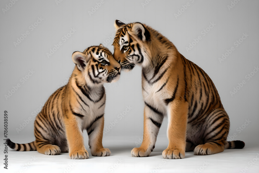 Two tiger cubs gaze at each other sitting in front of simple background.