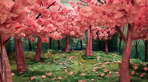 A cherry blossom park with trees made from pink tissue paper and a grassy ground of green crepe paper. 