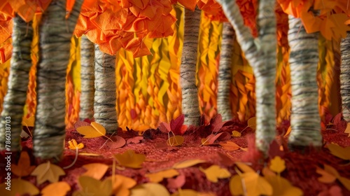 An autumn forest with trees of orange and red crepe paper and a ground covered with leaves made from cut felt.