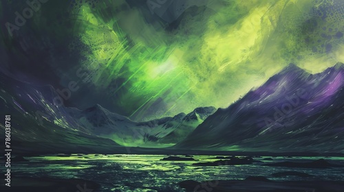 A northern lights sky crafted from a blend of fluorescent green and purple chiffons over a dark velvet landscape. photo