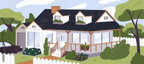 Facade of two story house with terrace. Outside of residential home with garden, mansard and garage. Exterior of townhouse villa, cottage front. Suburban real estate. Flat vector illustration