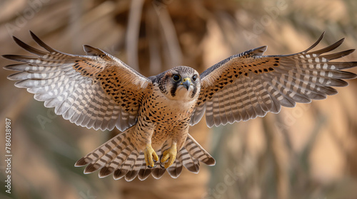 A majestic falcon in action flying towards the lens of the camera photo