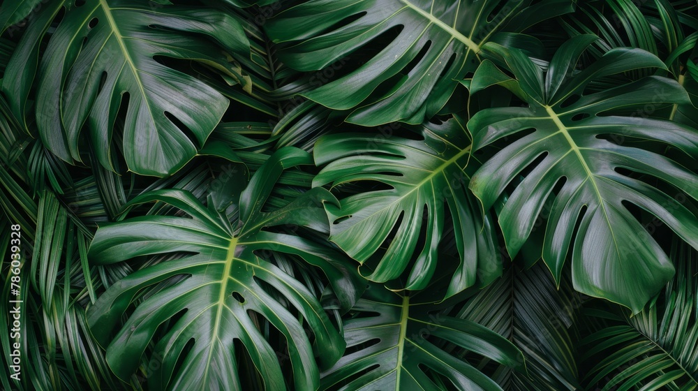 Exotic tropical forest with lush palm trees and wild plants, panoramic wallpaper concept Exotic tropical forest with lush palm trees and wild plants, panoramic wallpaper concept