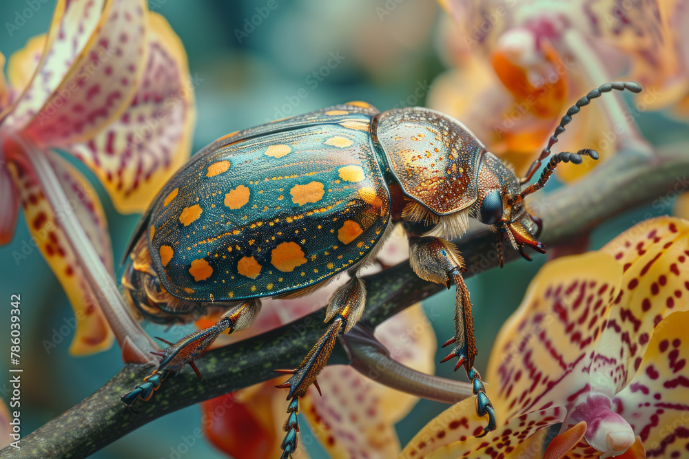 A scene of a beetle with an unusually patterned back, crawling along a branch laden with orchids, th A scene of a beetle with an unusually patterned back, crawling along a branch laden with orchids, th