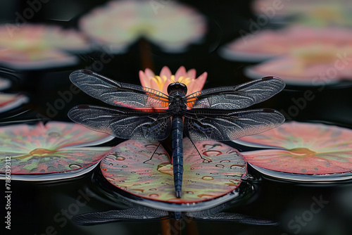 A close-up of a dragonfly resting on a unique water lily that is found only in this particular wetla photo