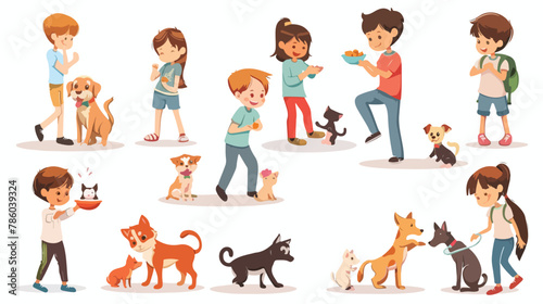 Fototapeta Naklejka Na Ścianę i Meble -  Happy kids play and walk with animals vector illustration