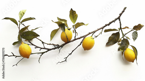 Fresh Delicious Lemons fruits on Branch with leaves white background