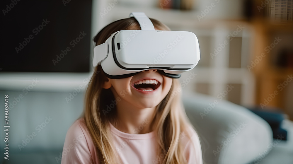A happy child at home wearing virtual reality glasses. Childhood, games, leisure. A happy child at home wearing virtual reality glasses. Childhood, games, leisure.