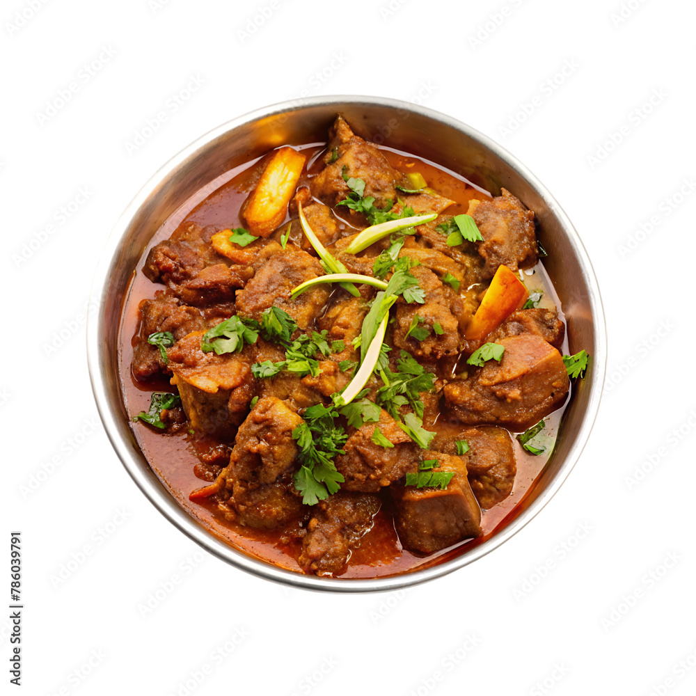 bowl of beef stew with green onions and cilantro on transparent background