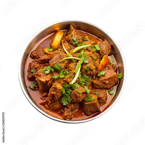 bowl of beef stew with green onions and cilantro on transparent background