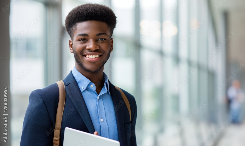 Young smiling cheerful businessman with tablet at the office during the conference meeting in light glass office building smiling at camera
