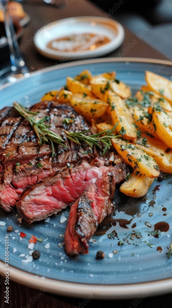 A perfectly cooked, juicy steak served with golden fries represents indulgence and culinary delight on a blue plate