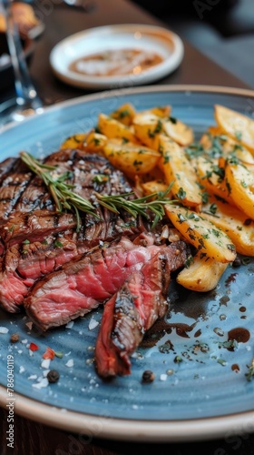A perfectly cooked, juicy steak served with golden fries represents indulgence and culinary delight on a blue plate