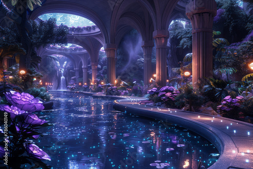 An illustration of the vast public gardens in Atlantis, where bioluminescent plants light up the pat photo