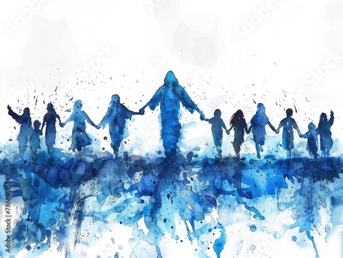 watercolour People holding hands with Jesus Christ