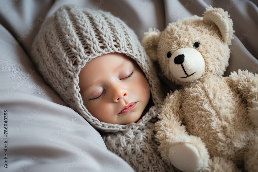 A baby is sleeping with a teddy bear