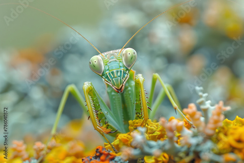 An image capturing a mantis among moss and lichen, its green and gray coloring allowing it to hide f