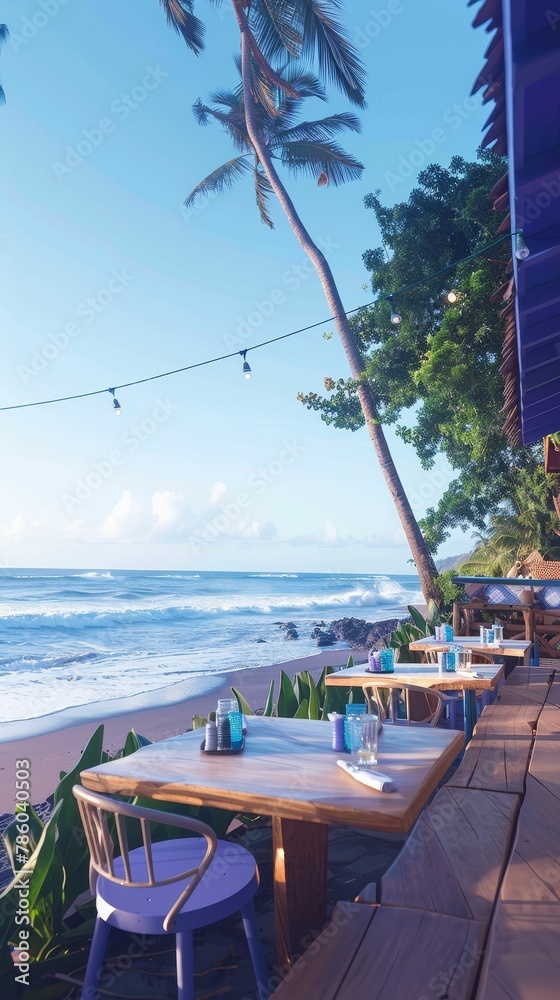 Beachside seafood shack, casual dining with waves crashing, freshest catch of the day 