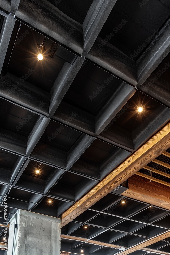 Interior design of modern restaurant ceiling. Steam-punk, pop-art, high-tech, loft design. metal and wood combination Interior design of modern restaurant ceiling. Steam-punk, pop-art, high-tech, loft design. metal and wood combination