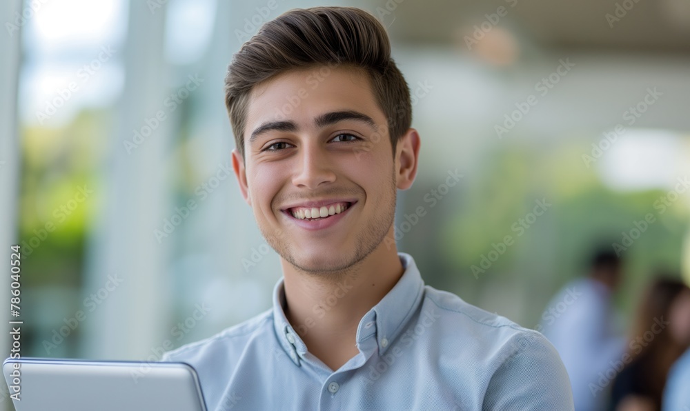 Young smiling cheerful businessman with tablet at the office during the conference meeting in light glass office building smiling at camera