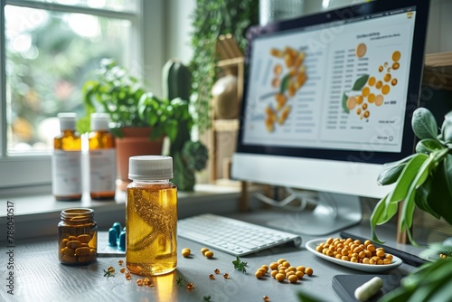 Food supplements laid out near a computer with analysis information, symbolizing health and wellness research photo