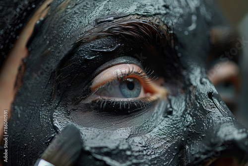An image capturing the application of a charcoal face mask specifically formulated for men's skin, k photo