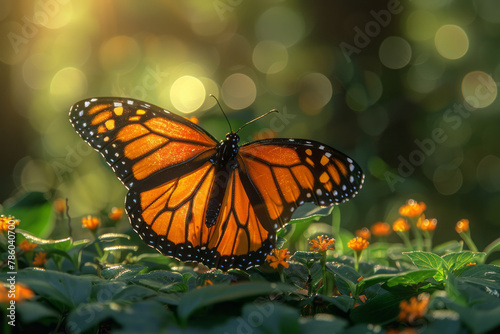 An image capturing the brilliant orange and black wings of a Monarch butterfly as it migrates throug