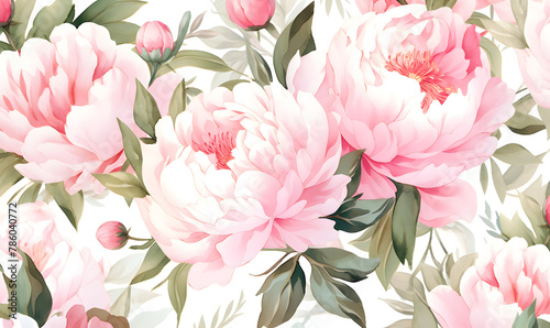 White and pink peony pattern, watercolor, Generative AI