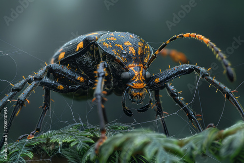 An image of a beetle with unusually long legs, traversing the sticky web of a spider without becomin © Natalia