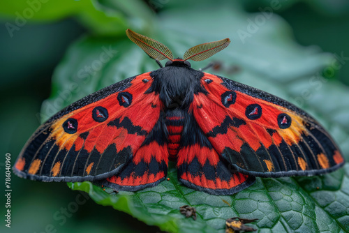 An image of a Cinnabar moth, its bright red and black wings a stark contrast against the green folia photo