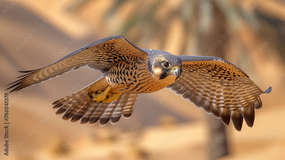 Fototapeta premium A majestic falcon in action flying towards the lens of the camera