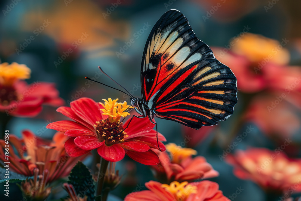 Obraz premium An image of a Postman butterfly, its long, elegant wings patterned with stripes of red and black as