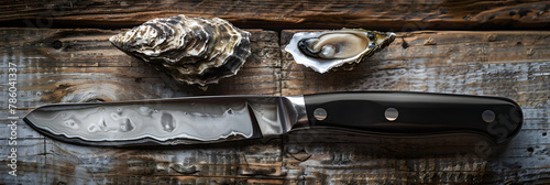 Essential Seafood Tool: Close-up Shot of an Oyster Shucking Knife on a Rustic Wooden Backdrop