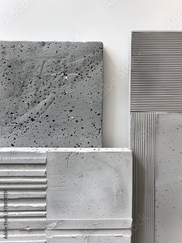 pieces of grey concrete material, each with different textures and patterns, arranged on top of one another in the same row, creating an artistic display.