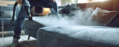 The man is cleaning the sofa with an emits steam hand drill photo