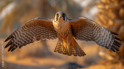 A majestic falcon in action flying towards the lens of the camera