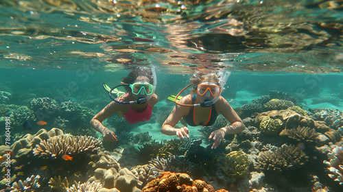 Relaxation underwater. Two young women in scuba masks swim underwater and enjoy sea holiday. Summer rest concept at sea