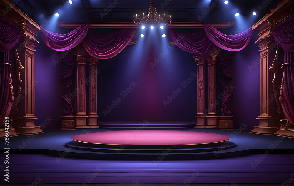 The dark stage features an empty background in shades of dark blue, purple, and pink