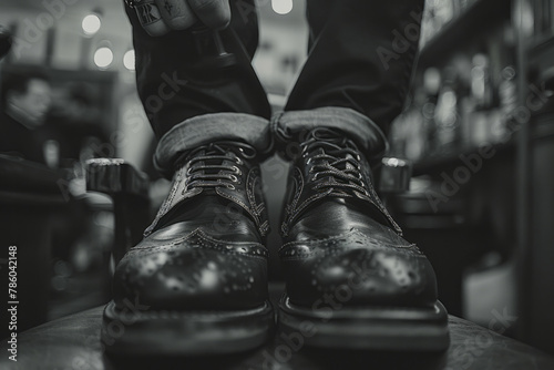 A close-up of a man getting his shoes professionally shined at a barbershop, adding a classic touch photo