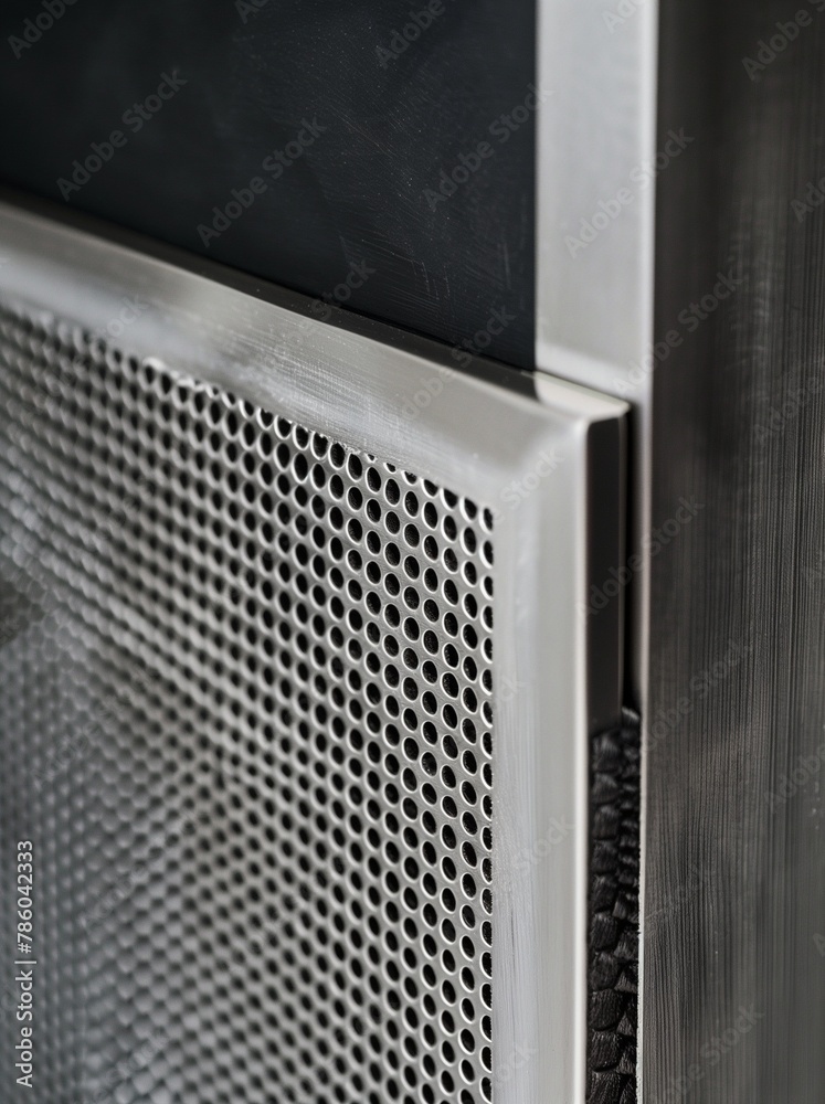Ultra close up of the corner between two stainless steel mesh panels, modern minimalistic design with carbon fiber trim, designed in the style of teenage engineering Ultra close up of the corner between two stainless steel mesh panels, modern minimalistic design with carbon fiber trim, designed in the style of teenage engineering