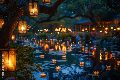 Night Illumination - An enchanting nighttime scene where the gardens are illuminated by oil lamps, r