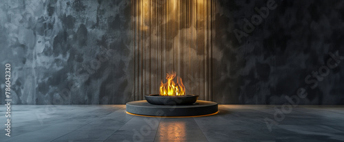 A fire is burning in a bowl on a stone floor