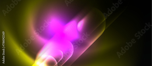 A vibrant display of colorfulness as a purple and yellow light illuminates the violet petals of a flower against a black background, showcasing the symmetry and beauty of a terrestrial plant
